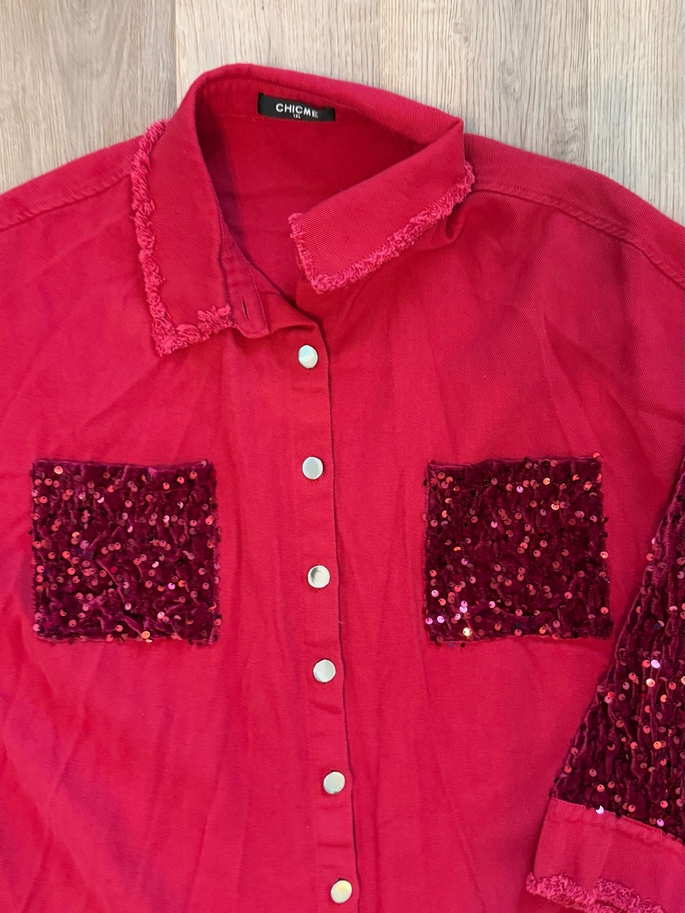 CHICME Red Sequin Sleeve Button Front Shacket Top 1XL - Picture 4 of 13